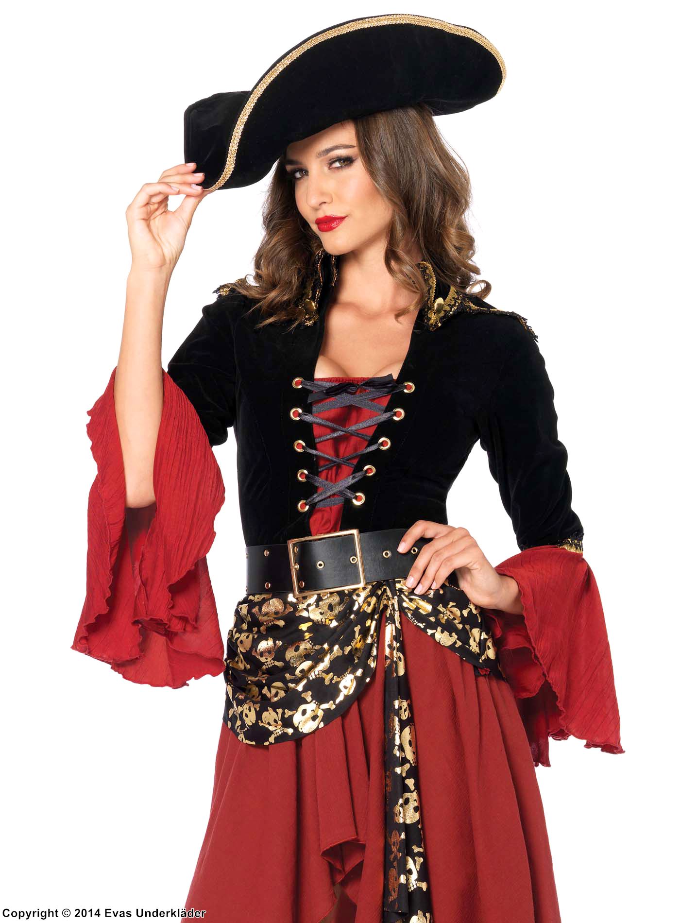 Weibliche Piratenkapitänin, Kostüm-Kleid, Schnürung, Schulterklappe, Totenköpfen, Samt
